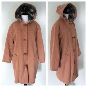 L.L. BEAN Tan Plaid Lined Wool Blend Hooded Coat